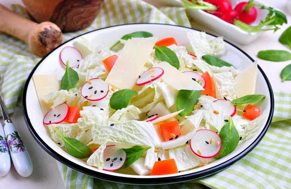 Salada de legumes de repolho chinês, rabanete, tomate e espinafre com linhaça, sementes de gergelim e azeite . — Fotografia de Stock