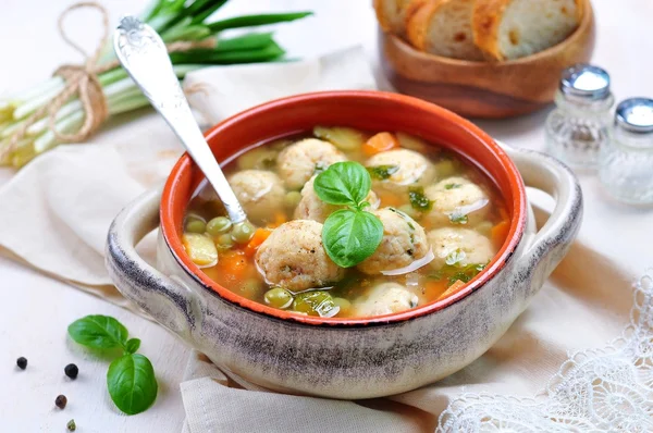 Овощной суп с рыбными шариками и диким чесноком — стоковое фото
