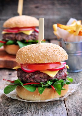 Ev yapımı sığır eti burger sebze ve patates kızartması.