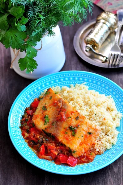 White sea fish cooked in a spicy tomato sauce with sweet pepper, cumin, garlic and coriander.