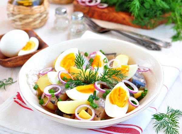 Салат из сельди, вареной картошки, яиц и лука с оливковым маслом . — стоковое фото