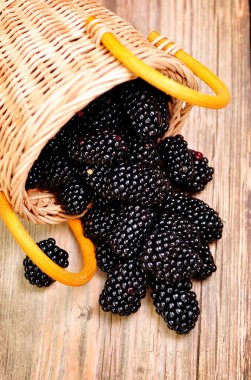 Organik böğürtlen ile ahşap bir zemin üzerine nane yaprağı.