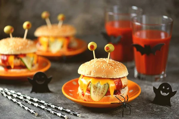 Funny Monster Burgers Chicken Tomato Cucumber Toast Cheese Olive Eyes — Stock Photo, Image