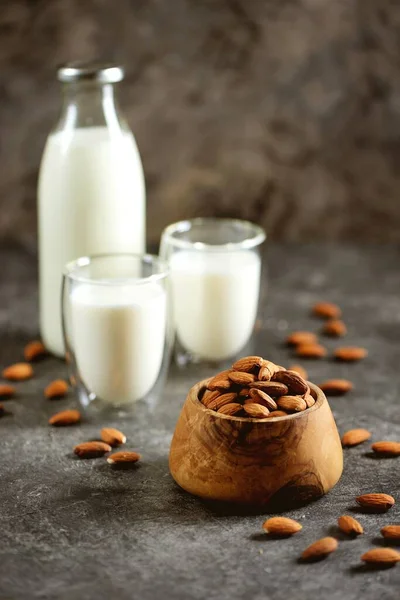 Almond Milk Glass Almonds Nuts Grey Concrete Background Vegan Food — Stock Photo, Image