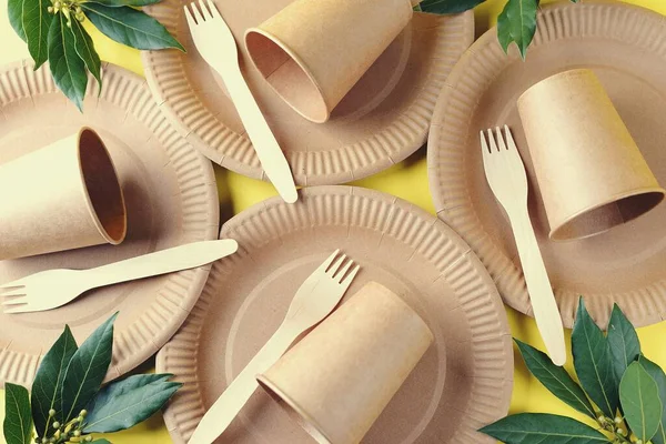 Wegwerp Biologisch Afbreekbaar Servies Ambachtelijk Papier Vorken Glazen Borden Geen — Stockfoto