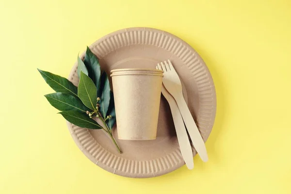 Disposable biodegradable tableware on craft paper - forks, glasses and plates. Zero Waste. Top view. Copy space.