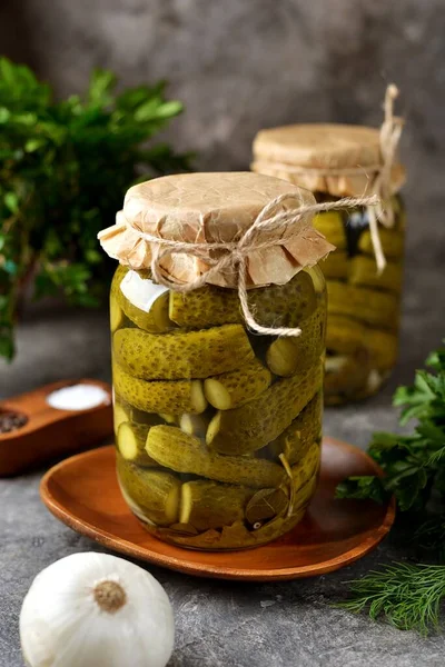 Homemade pickled cucumbers with onions and garlic.