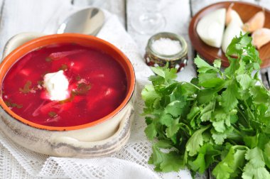 Akşam yemeği, sebze borsch Ukraynalı çorbası