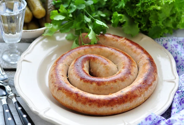 Breakfast, dinner, supper chicken sausages with an egg and parsley — Stock Photo, Image