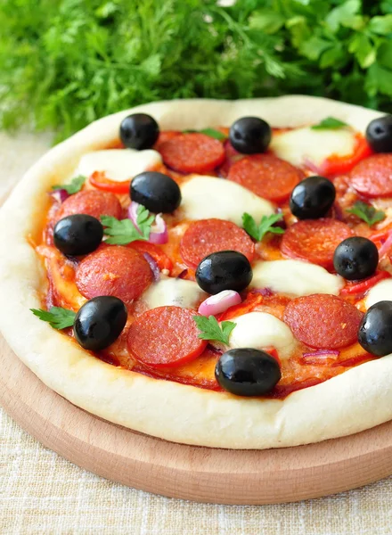 Pizza kézzel a szalámi, Mozzarella, olívabogyó, hagyma és paradicsomszósz — Stock Fotó