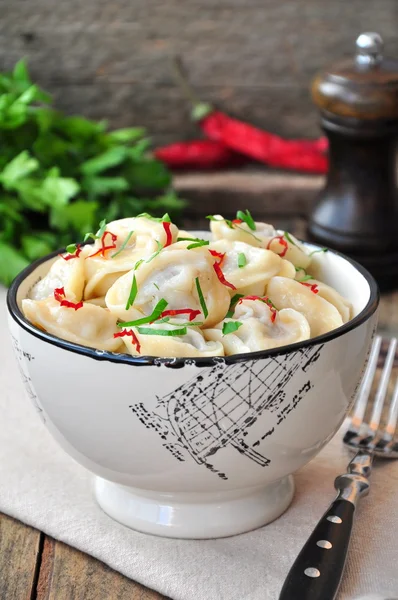 Dumplings e salsa - pelmeni russo - ravioli italiano - em placa branca — Fotografia de Stock