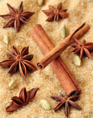 Spices cinnamon sticks,  cardamon and anise over heap of brown sugar clipart
