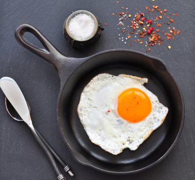 Bir demir tavada kızarmış yumurta kahvaltı