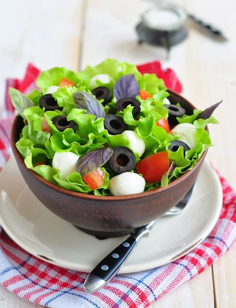 Salada fresca com queijo mozarella, tomate e azeitonas — Fotografia de Stock