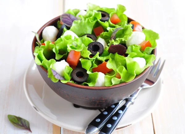 Salada fresca com queijo mozarella, tomate e azeitonas — Fotografia de Stock