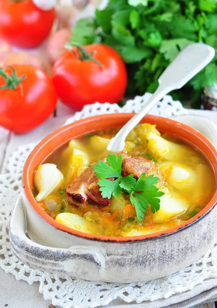 Vegetable soup with smoked pork ribs — Stock Image Vegetable soup with smoked pork ribs Stock Photo