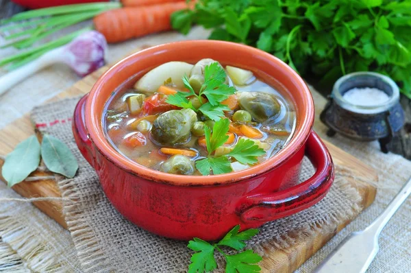Friss zöldség leves bab, sárgarépa, burgonya, paradicsom, tál — Stock Fotó