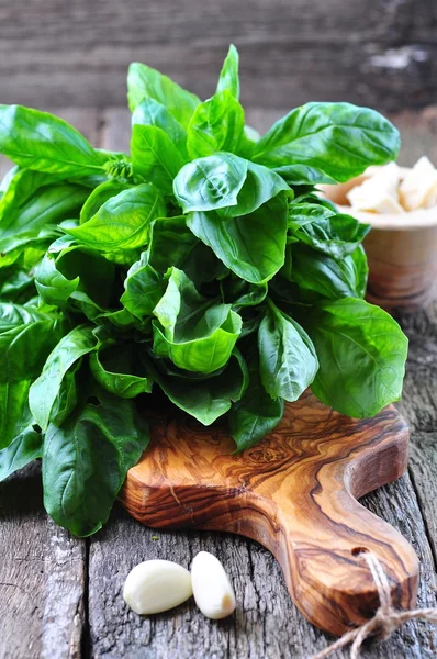 Organic basil on the board of olives with parmesan and garlic — Stock Photo, Image