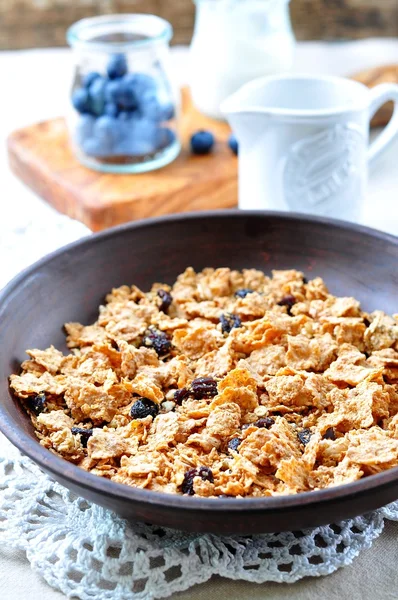 Granola casera con arándanos frescos, frambuesas, pasas, leche y miel. Desayuno saludable — Foto de Stock