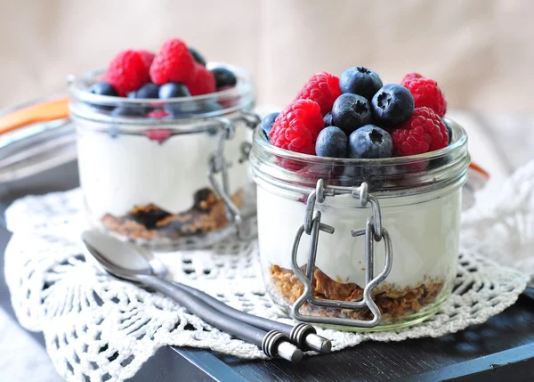 Homemade granola with fresh yougurt, blueberries, raspberries, raisins and organic agave nectar. Healthy Breakfast — Stock Photo, Image