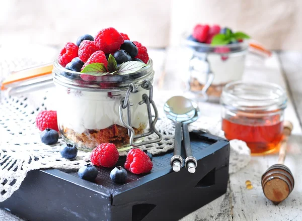 Homemade granola with fresh yougurt, blueberries, raspberries, raisins and organic agave nectar. Healthy Breakfast — Stockfoto