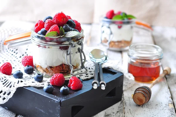 Homemade granola with fresh yougurt, blueberries, raspberries, raisins and organic agave nectar. Healthy Breakfast — Stock Photo, Image