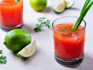 Bloody Mary cocktail with celery, Tabasco, pepper, sea salt and Worcestershire sauce