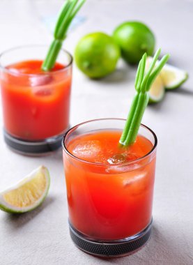 Bloody Mary cocktail with celery, Tabasco, pepper, sea salt and Worcestershire sauce