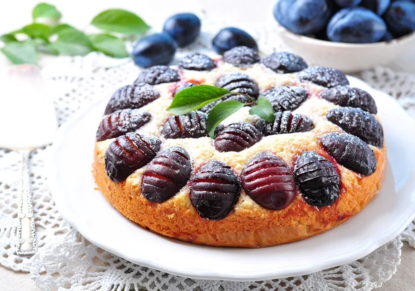Organic plum cake with powdered sugar on a white background — 스톡 사진
