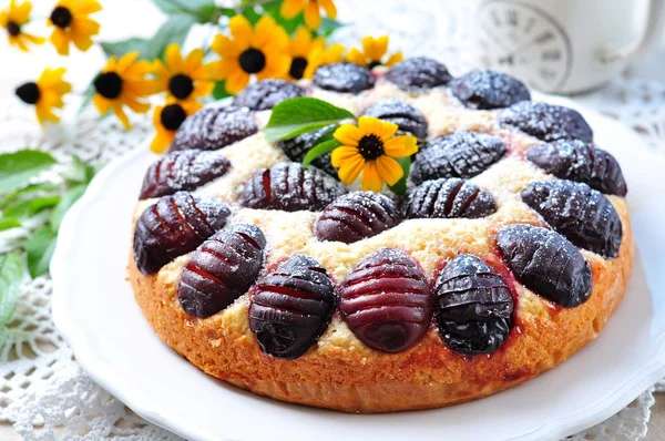 Organic plum cake with powdered sugar on a white background — Stock Photo, Image