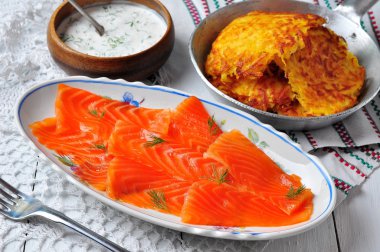 patates pancakes füme somon ve sos ile