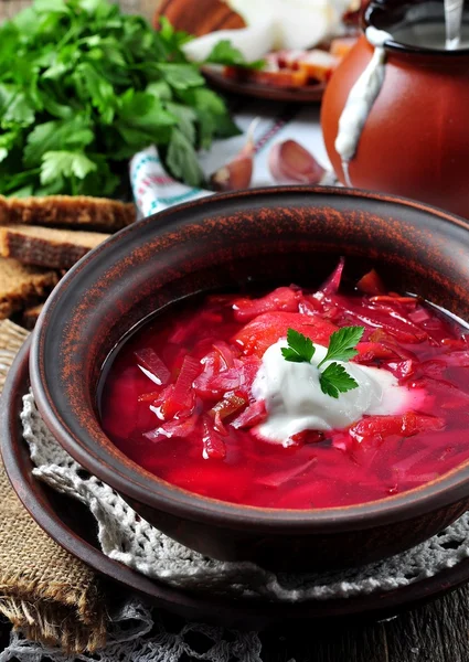 Makan malam, sup Ukraina dari sayuran borsch — Stok Foto