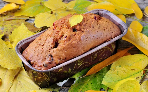 Hausgemachter Kuchen mit frischen und getrockneten Preiselbeeren auf Herbstblättern — Stockfoto