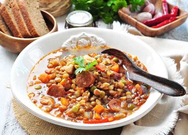 Lentil soup with chicken and pepperoni sausage, onion, carrot, sweet pepper, garlic and parsley. — Stock fotografie