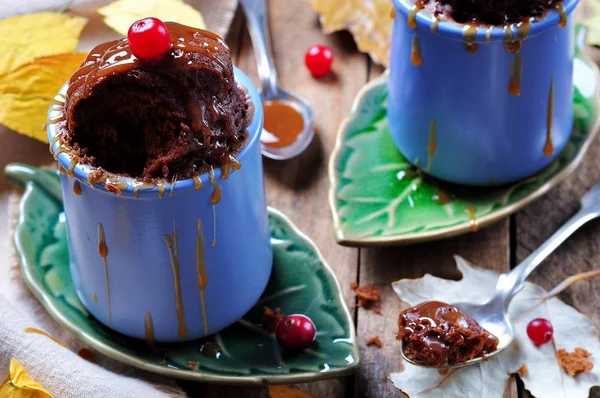 Pastel de chocolate brownie cocinado en una taza en el microondas durante 2 minutos. Estilo rústico. Enfoque selectivo . — Foto de Stock