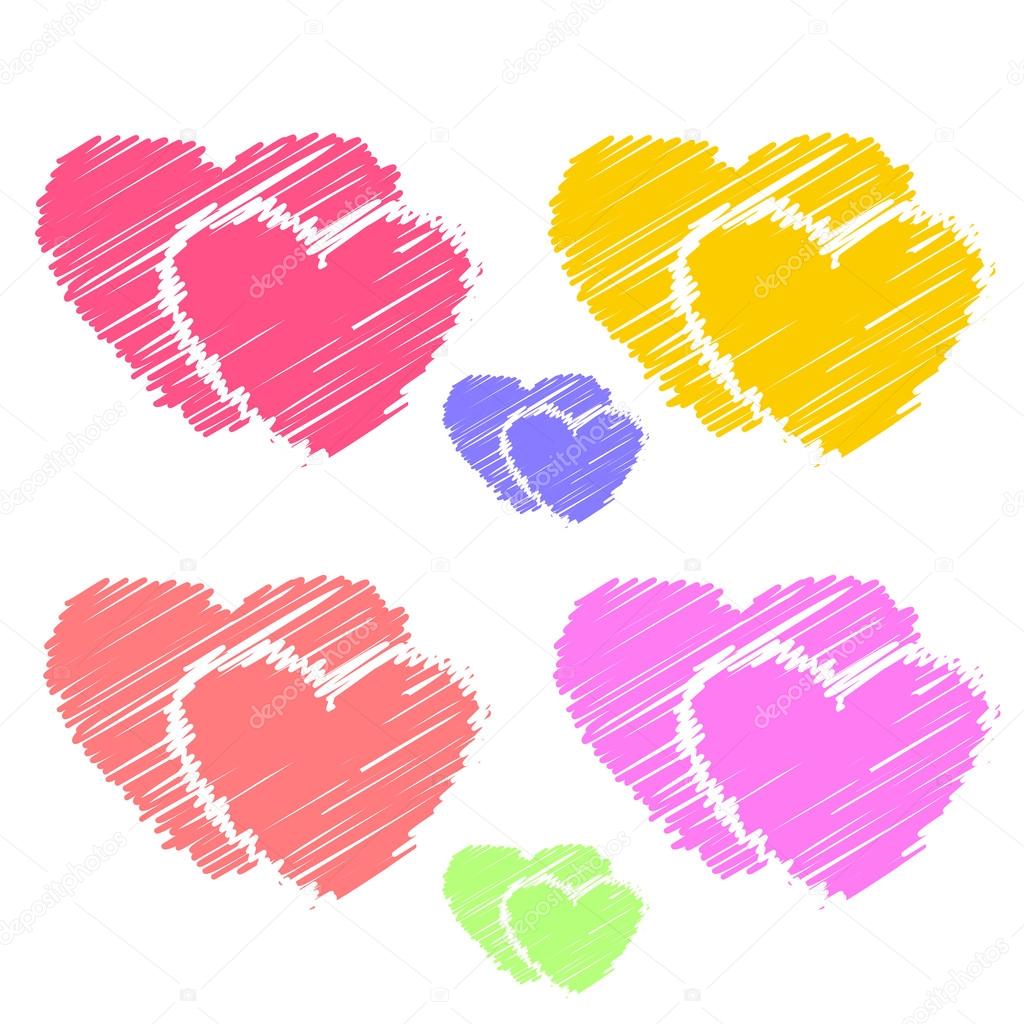 Colorful illustrations of love hearts on white background. Set of love hearts silhouette. Love hearts colorful backgrounds for Valentine's Day card, Birthday card.