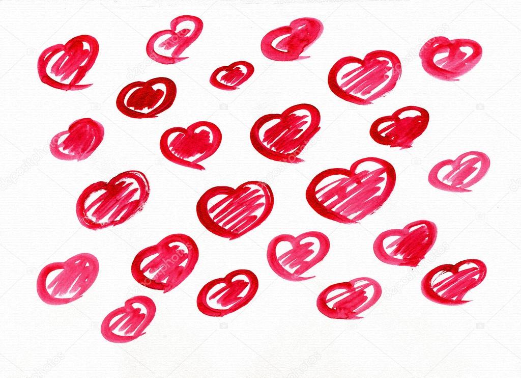 Set of red watercolor love sweet hearts for greeting, valentines day card. Love watercolor hearts background. Love sweet heart shapes for greeting card. Set of love hearts. Love hearts retro pattern.