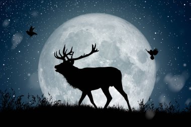 Noel gecesi dolunayın altında tepenin üstünde duran ren geyiği silueti..