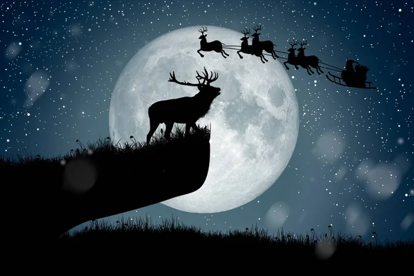 Silhouette Reindeer Standing Cliff See Santa Claus Flying Reindeer Full — Stock Photo, Image