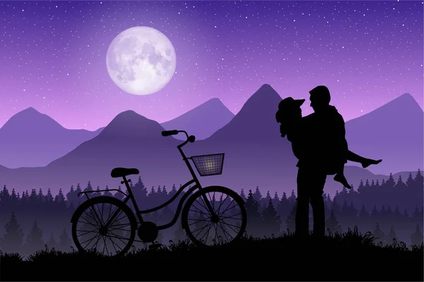 Silueta Romántica Pareja Amorosa Con Bicicleta Cielo Nocturno Bajo Luna — Vector de stock