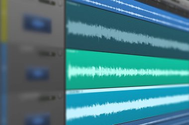 Monitörde çok kanallı ses dalgası görüntüsü. Kayıt, Karıştırma ve Stüdyo Ustalığı..