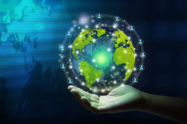 New global business connection concept. Businessman leading the global connection with connecting people orbit around the world. World map and connecting people background. World map illustration. Original source from NASA.