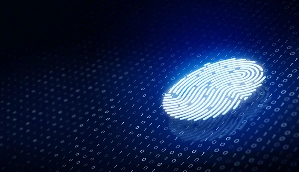 将来のセキュリティ技術 指紋スキャンは 深い青色の背景にバイナリコードでセキュリティアクセスを提供します 指紋セキュリティの概念 3Dレンダリング — ストック写真