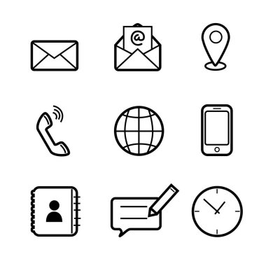 İş ve Web Tasarımı için bizimle kontak kurma vektör çizgisi simgesi ayarlandı. Beyaz arkaplanda basit minimalizm ile iletişim sembolü.