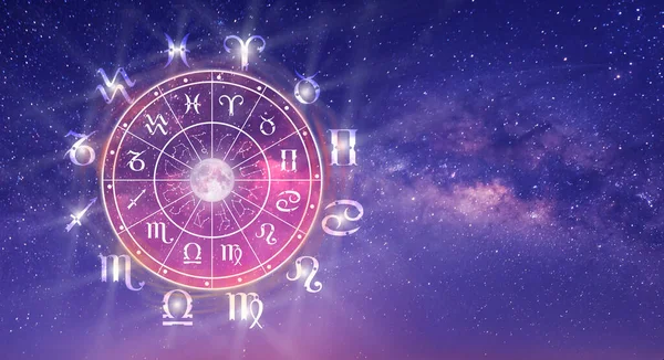 Astrologiska Zodiaktecken Inuti Horoskopcirkeln Astrologi Kunskap Stjärnorna Himlen Över Den — Stockfoto