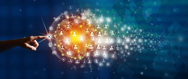 New global business connection concept. Businessman leading the global connection with connecting people orbit around the world. World map and connecting people background. World map illustration. Original source from NASA.