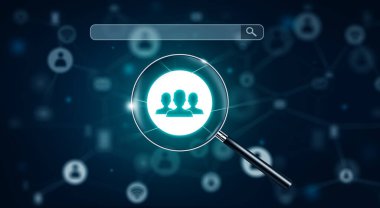 Arama motoru optimizasyonu - SEO - Network ve Sosyal Medya 'da büyüteçle birlikte. Resim ve 3B Hazırlama.