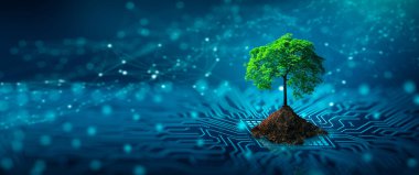 Bilgisayar devre kartının kesişme noktasında toprak büyüyen ağaç. Mavi ışık ve düşük polyester kablo şebekesi arka planı. Green Computing, Green Technology, Green IT, CSR ve IT etik kavramı.