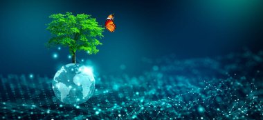 Kristal kürede büyüyen kelebekli ağaç. Dijital Yakınsama ve Teknoloji Yakınsaması. Mavi ışık, ikili ve ağ arkaplanı. Green Computing, Green Technology, Green IT, CSR ve IT etik kavramı.