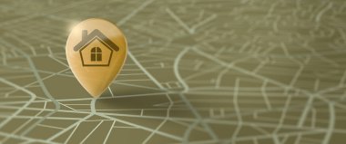 Golden Home Pin ikonlu GPS Navigasyon Sokak Haritası. Harita ve işaret konumu, Gezi ve Navigasyon GPS konsepti. 3B Hazırlama.
